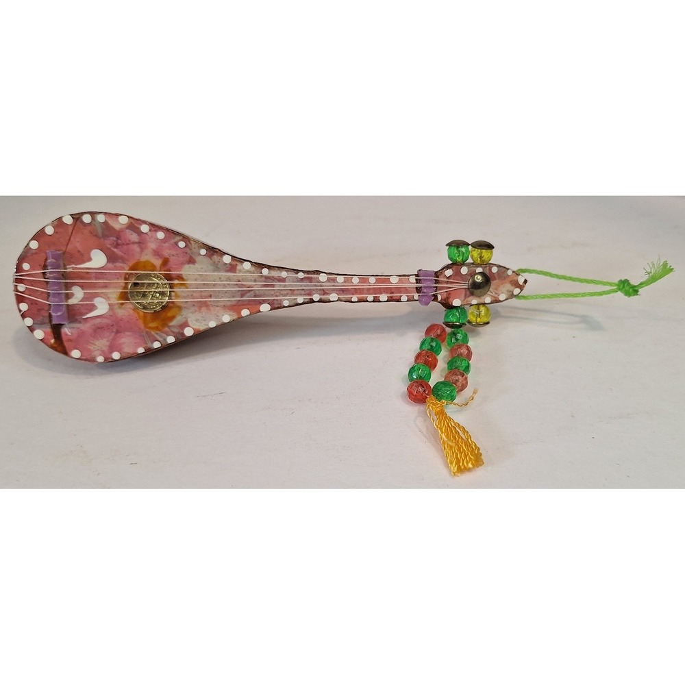 Vtg Wood Musical Instrument Christmas Ornament Beads Floral Pink